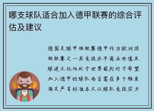 哪支球队适合加入德甲联赛的综合评估及建议