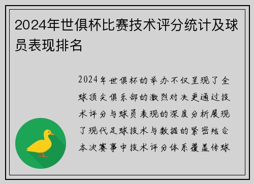 2024年世俱杯比赛技术评分统计及球员表现排名