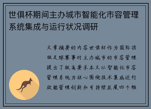 世俱杯期间主办城市智能化市容管理系统集成与运行状况调研